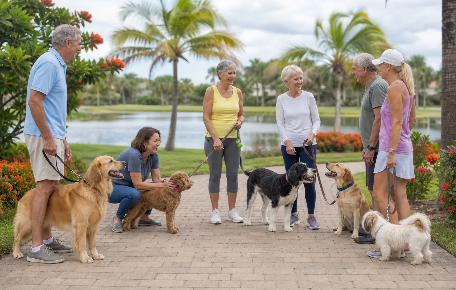 Older neighbors and their dogs gathering beside a landscaped Florida lake