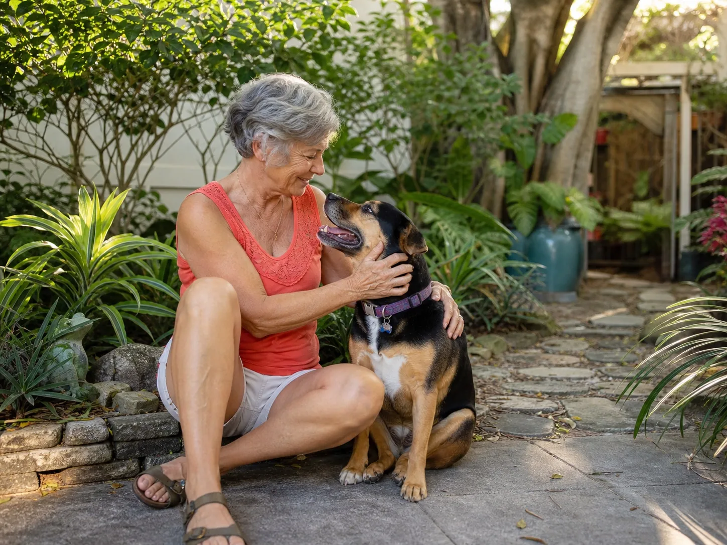 An older neighbor sharing an affectionate moment with her dog in a Florida garden